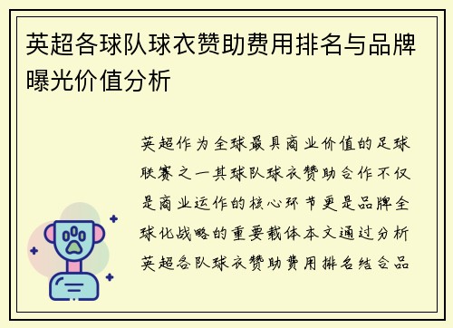 英超各球队球衣赞助费用排名与品牌曝光价值分析